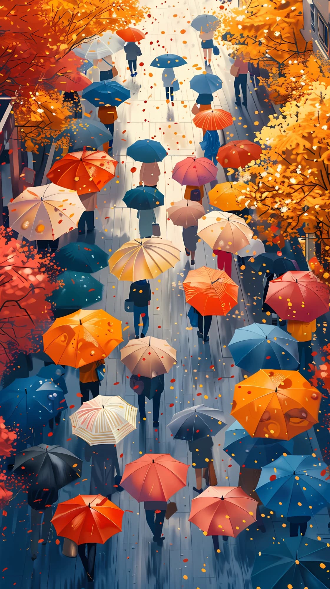 A busy street of colourful umbrellas, seen from above